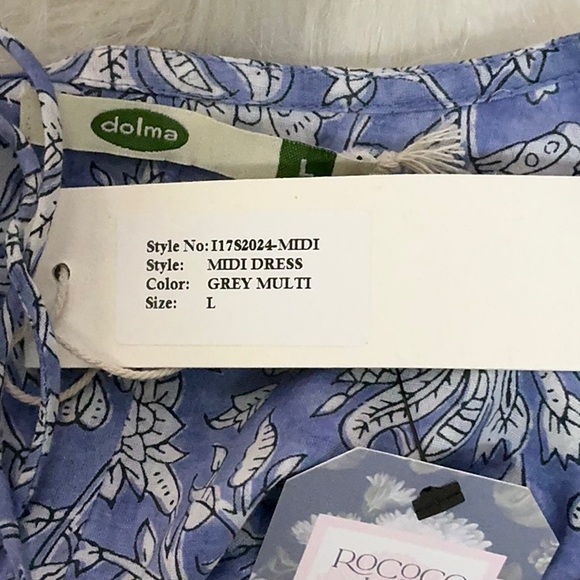 NWT Dolma Midi Dress blue ivory cotton print flowy bohemian L XL cool comfy - Picture 7 of 12